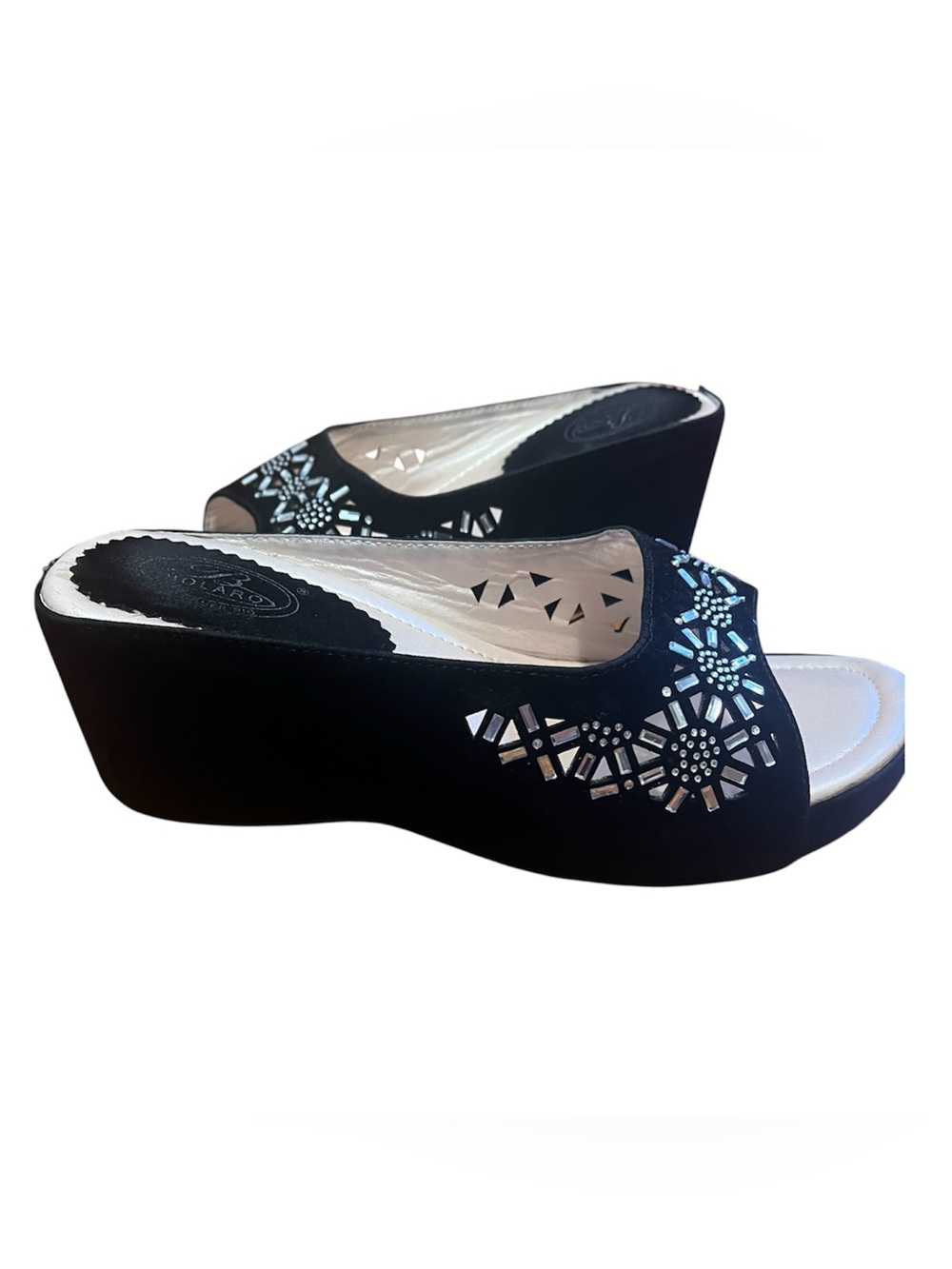 Bolaro Summer Rio Black Suede Wedge Sandals with Cutouts and Bling size 7.5